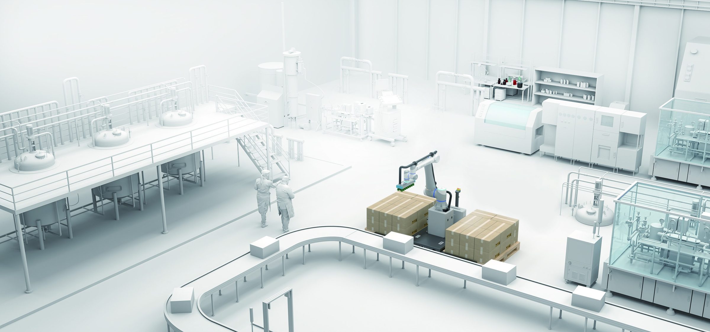 Fabrikhalle mit Cobot-Palettierstation