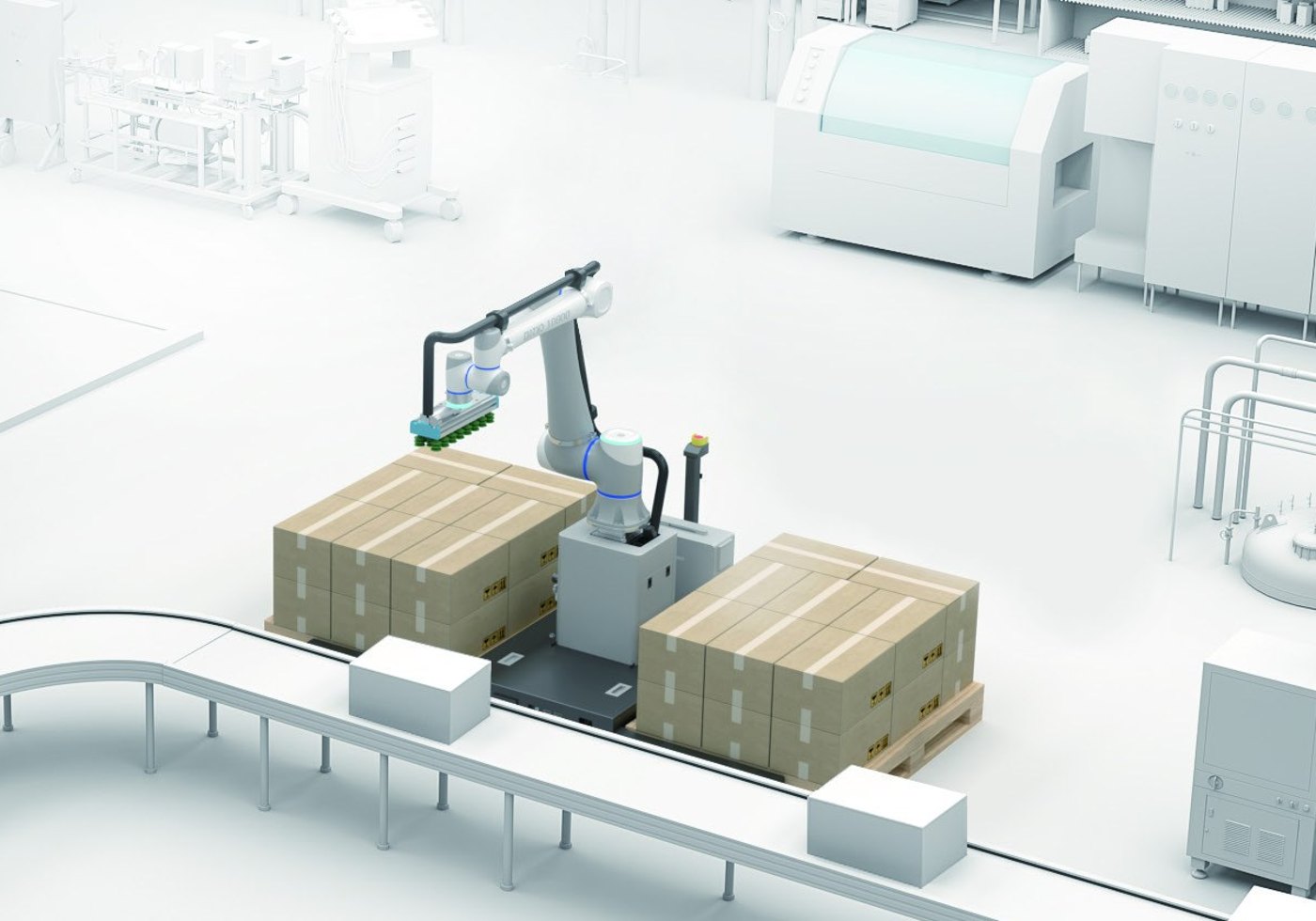 Cobot-Palettierstation in einer Produktionshalle