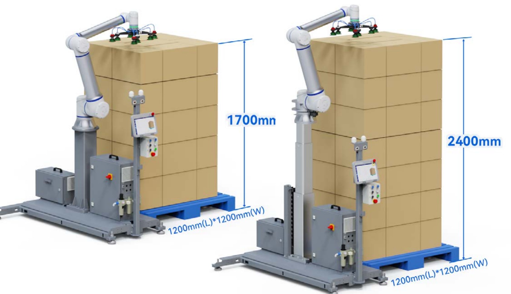 palettierloesung-einsatz Höhenunterschied zwischen CPL07 (Lift) und CPF10 (Fix): links feste Säule mit 1700mm, rechts teleskopierbare Säule mit 2400mm Palettenhöhe