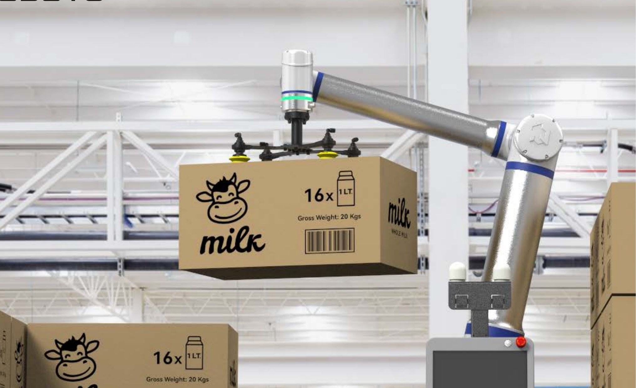 Modulare Palettierstation mit Cobot beim Stapeln von Kartons