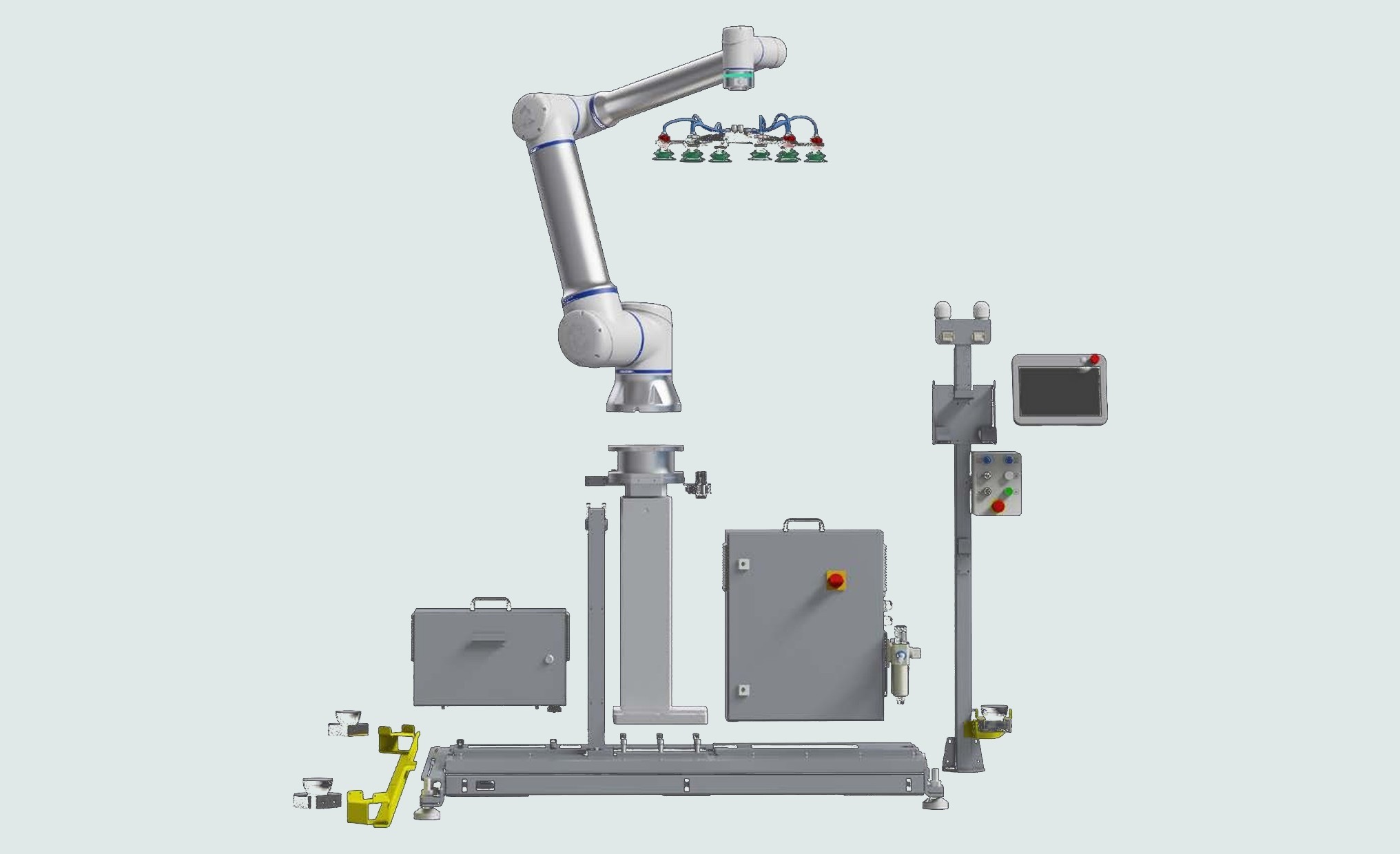 Palettierstation mit Cobot, Hubsäule, Bediengerät und Schaltschrank
