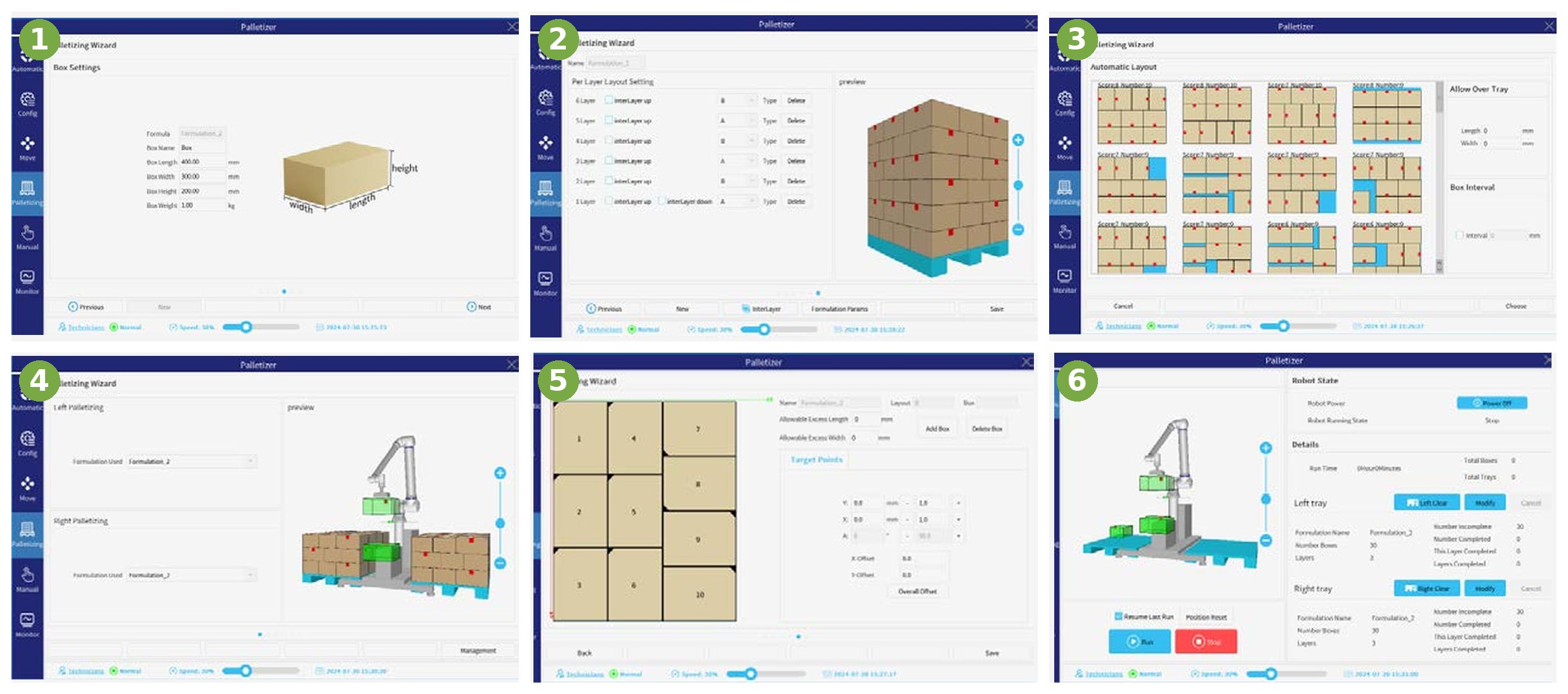 palettierloesung-software Bedienoberfläche der Palettiersoftware mit Assistent in 4 Schritten